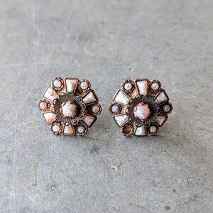 Vintage Fluss Glass Pink Stone Bronze Metal Screwback Earrings